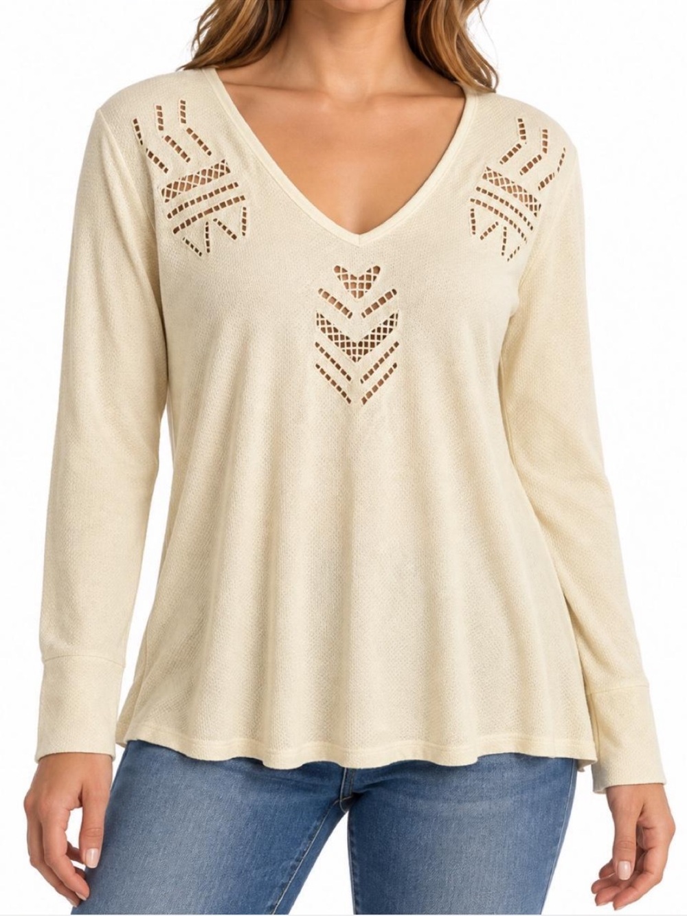 Vintage Havana Cream V-Neck Long Sleeve Eyelet Knit Top